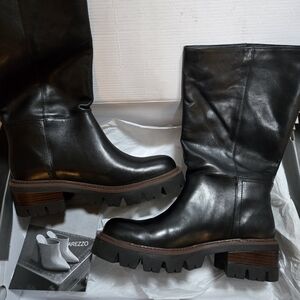 Arezzo Women's Bota Leather Pull On Block Heel Knee-High Boots | Black | 8.5B